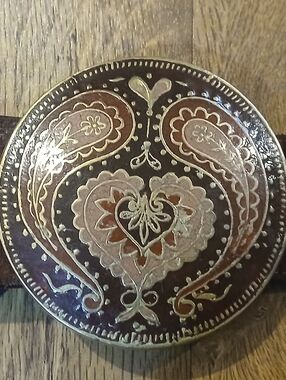 vintage MADE IN INDIA brown suede belt w/ hand enameled buckle